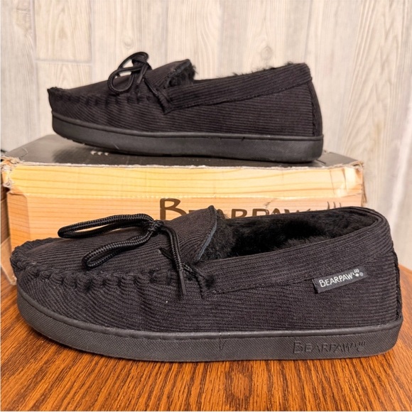 BEARPAW SUEDE FURRY MOCCASIN CORDUROY SLIPPERS BLACK SIZE 9 - Picture 3 of 5